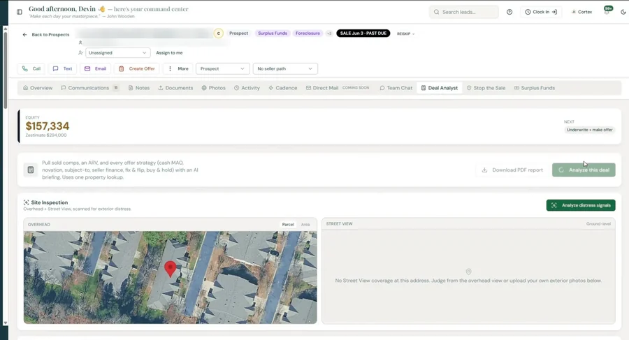 ForesightCRM Deal Analyst on a foreclosure lead showing $157,334 of equity, an offer strategy briefing, and a satellite site inspection