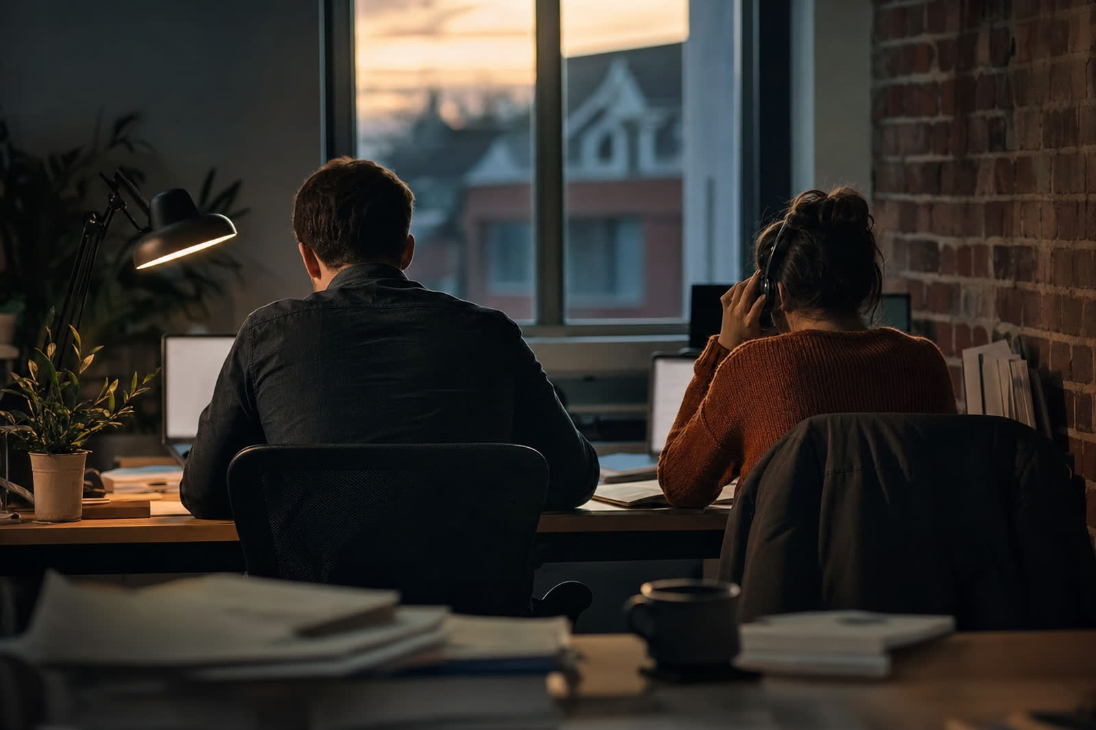 Illustrative scene, not a product screenshot: two teammates at a shared desk, one on a headset call, seen from behind