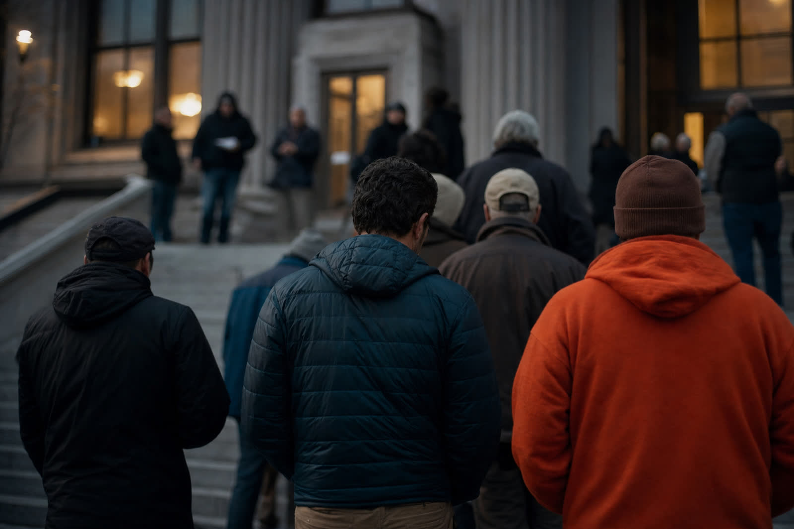 Illustrative scene, not a product screenshot: bidders waiting on courthouse steps before a trustee sale, seen from behind