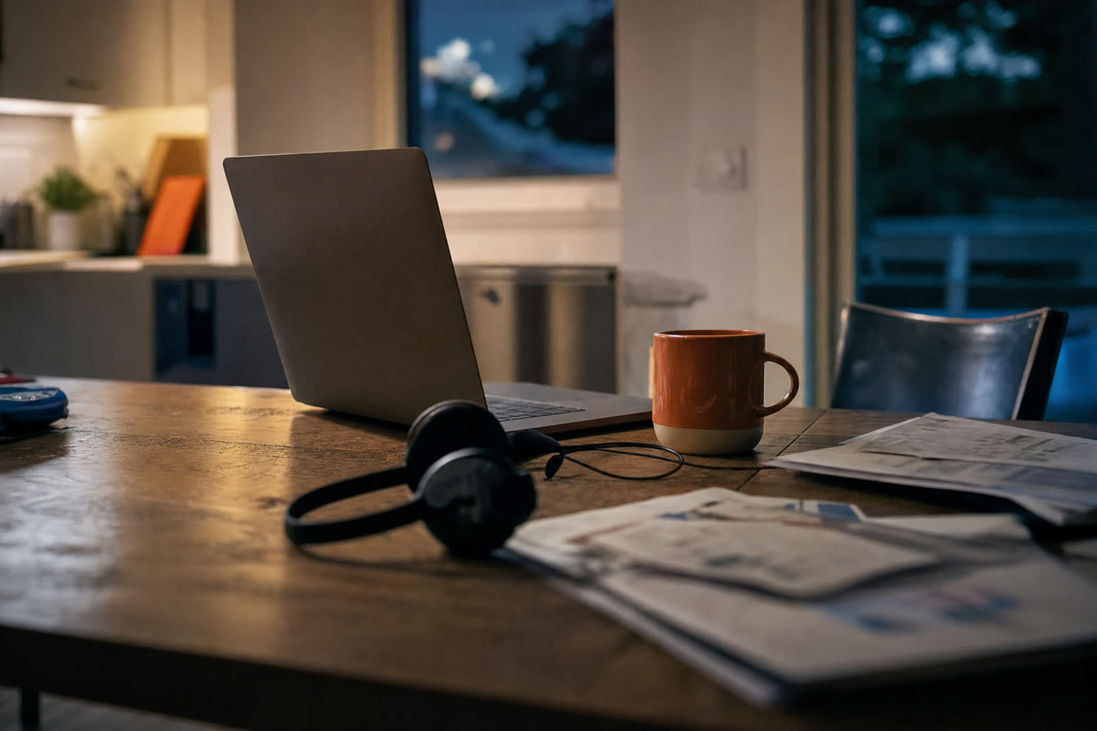 Illustrative scene, not a product screenshot: a kitchen table in the evening with a headset, a laptop facing away, and a mug
