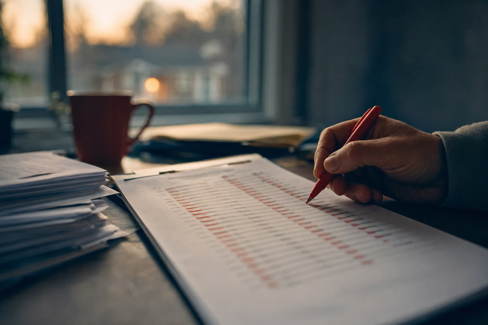 Illustrative scene, not a product screenshot: a red pen striking through rows on a blurry printed call list